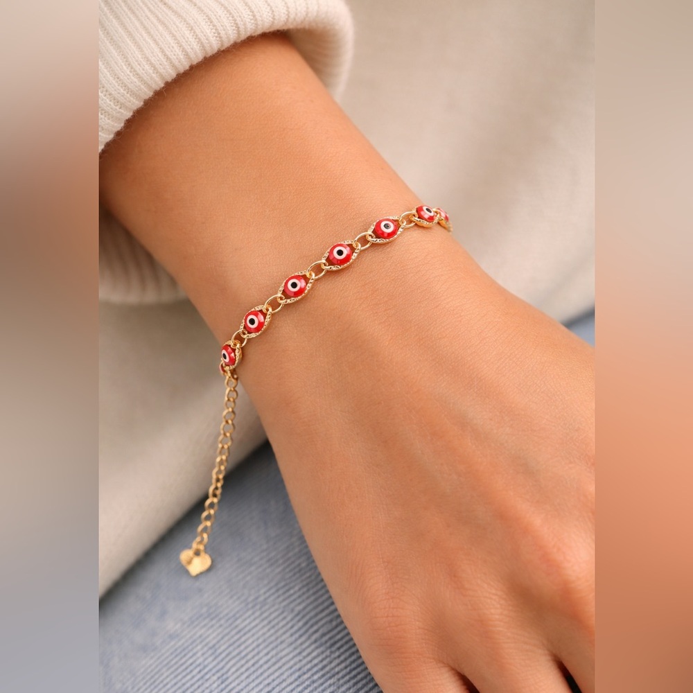 18K Gold Plated Women's Red Evil Eye Charm Elegant Bracelet New